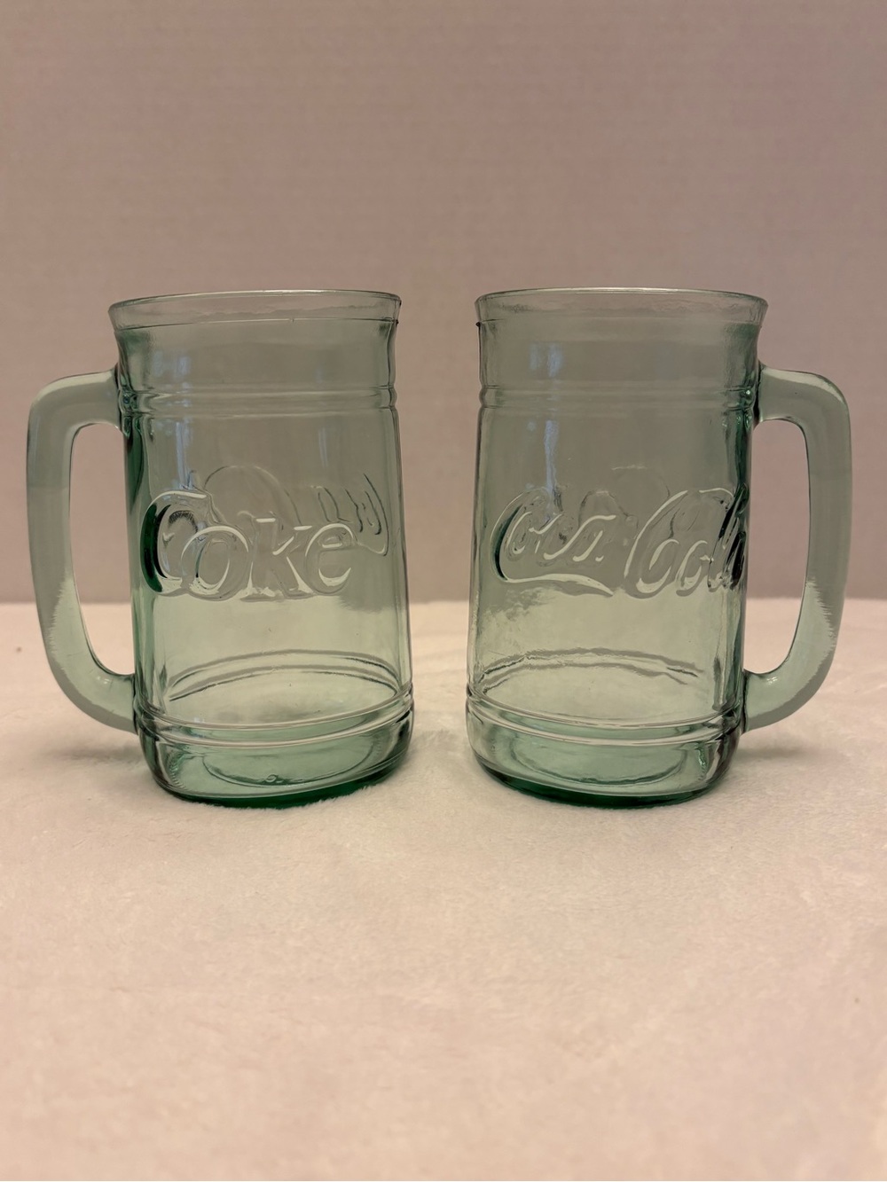 Vintage Set of (2) Coca Cola Coke Green Glass Mugs with Handles 16oz